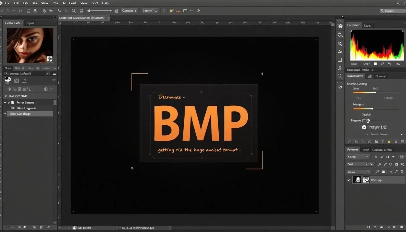 Photo-editing view (illustrative editor screenshot): Convert BMP: getting rid of the huge ancient format
