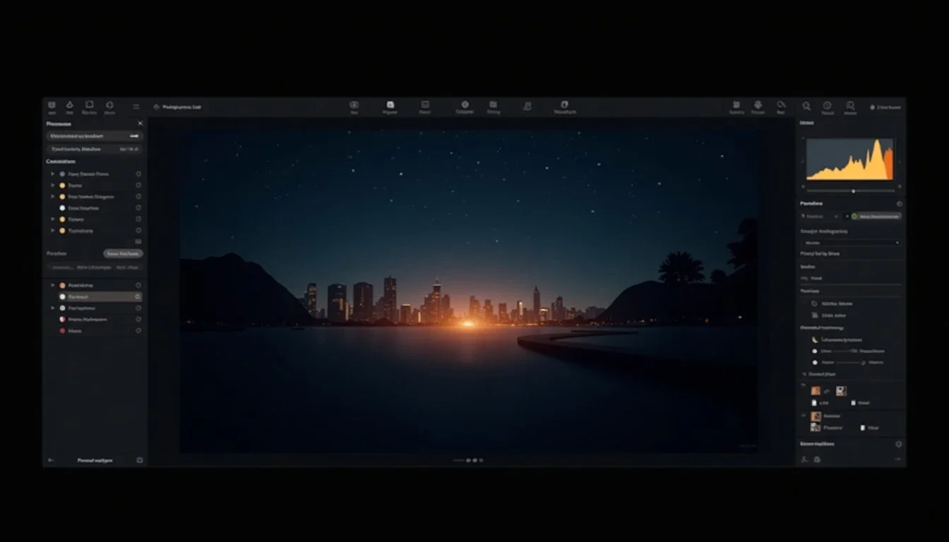 Photo-editing view (illustrative editor screenshot): Night photography with your phone: city, stars and mood