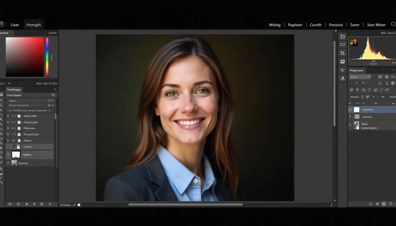 Photo-editing view (illustrative editor screenshot): A professional business headshot without a studio: the rules that really matter