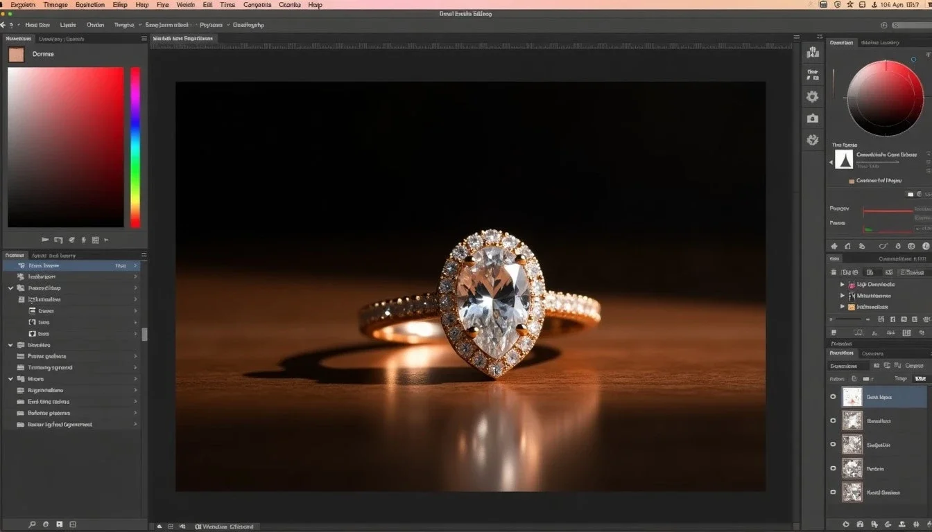 Photo-editing view (illustrative editor screenshot): Photographing jewelry and shiny objects: taming reflections, showing detail